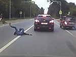 Fool Crosses The Road And Is Cleaned Up By A Motorbike
